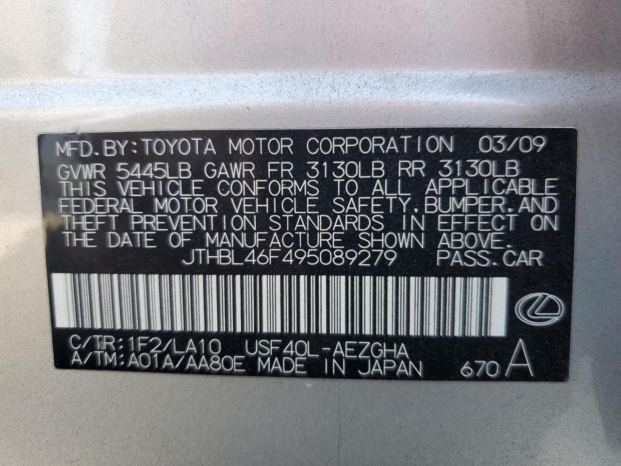 2009 Lexus Ls 460 VIN: JTHBL46F495089279 Lot: 61936675