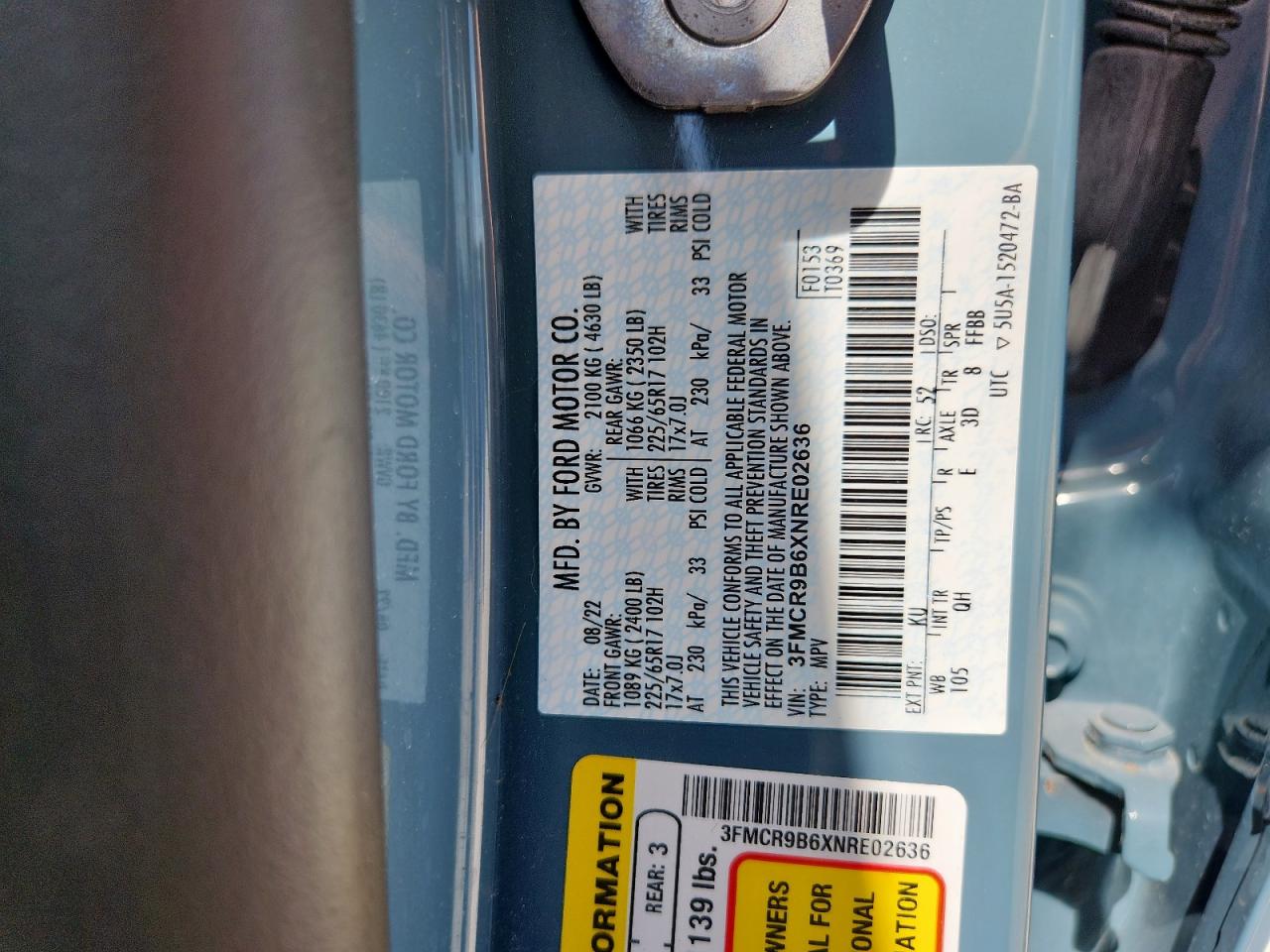 2022 Ford Bronco Sport Big Bend VIN: 3FMCR9B6XNRE02636 Lot: 59971305