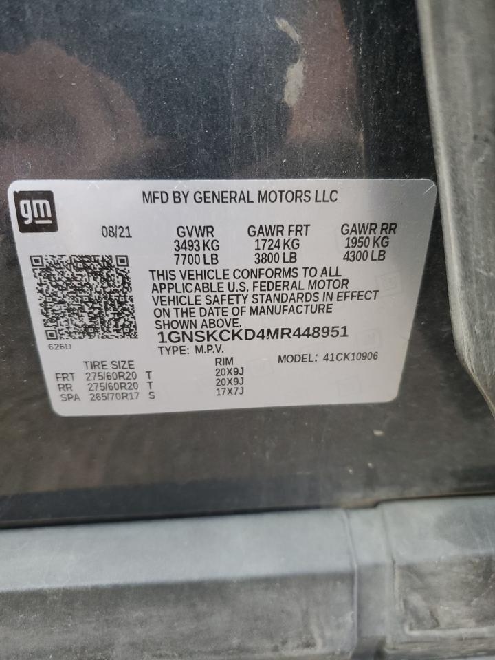 2021 Chevrolet Suburban K1500 Lt VIN: 1GNSKCKD4MR448951 Lot: 60559385