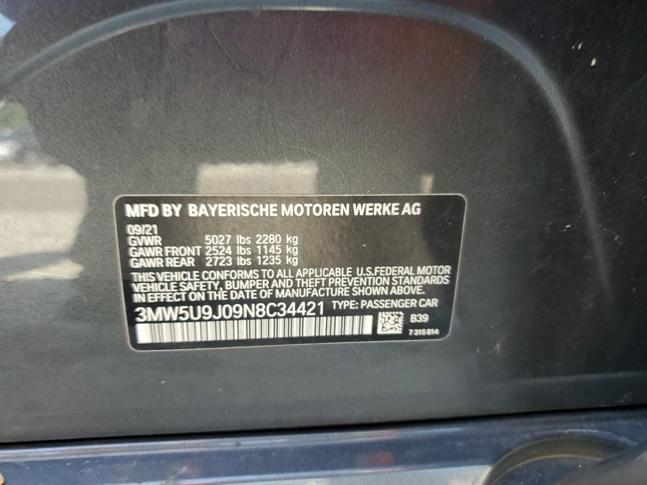 2022 BMW M340Xi VIN: 3MW5U9J09N8C34421 Lot: 60892275