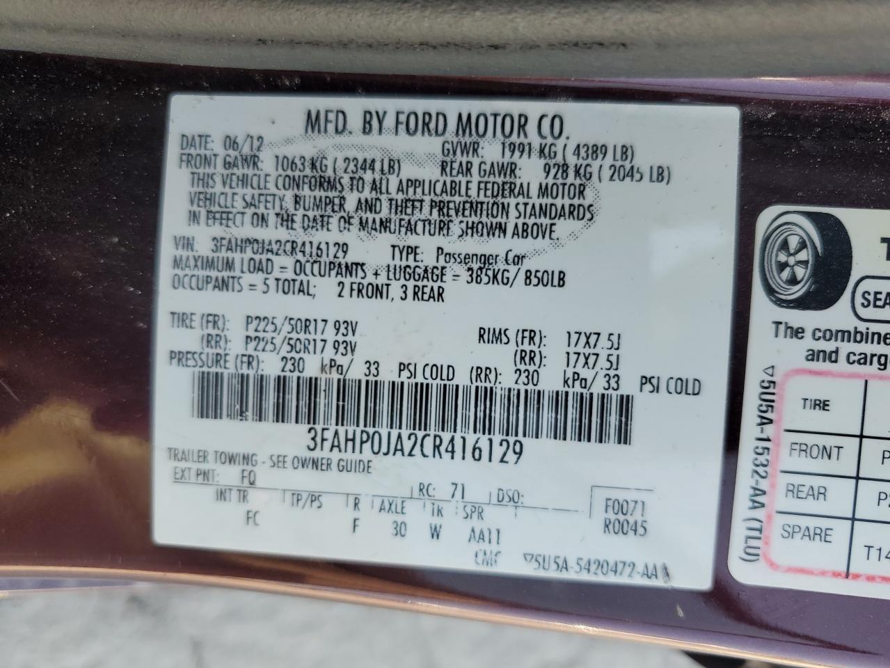 2012 Ford Fusion Sel VIN: 3FAHP0JA2CR416129 Lot: 61929285