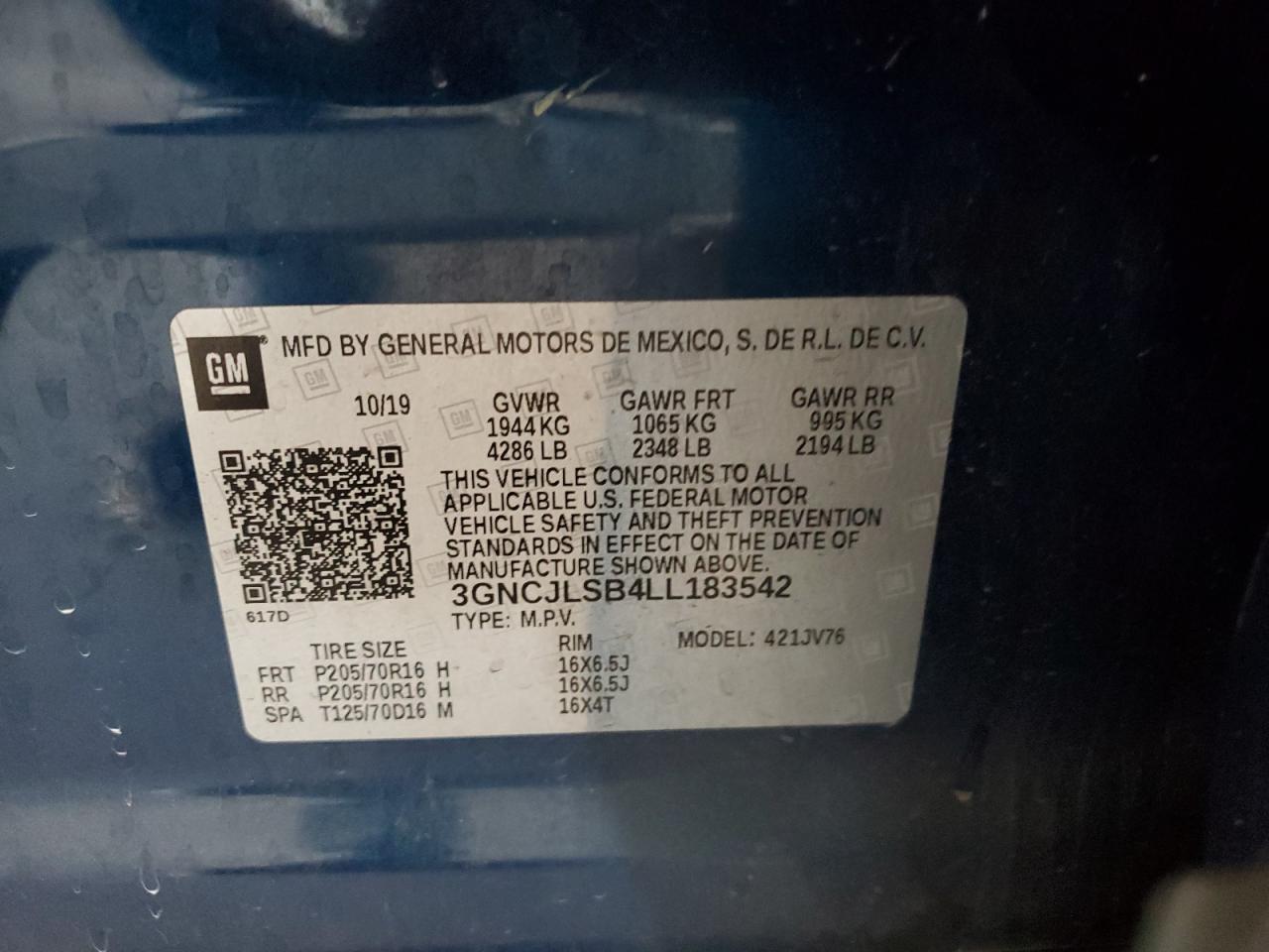 2020 Chevrolet Trax 1Lt VIN: 3GNCJLSB4LL183542 Lot: 58385465