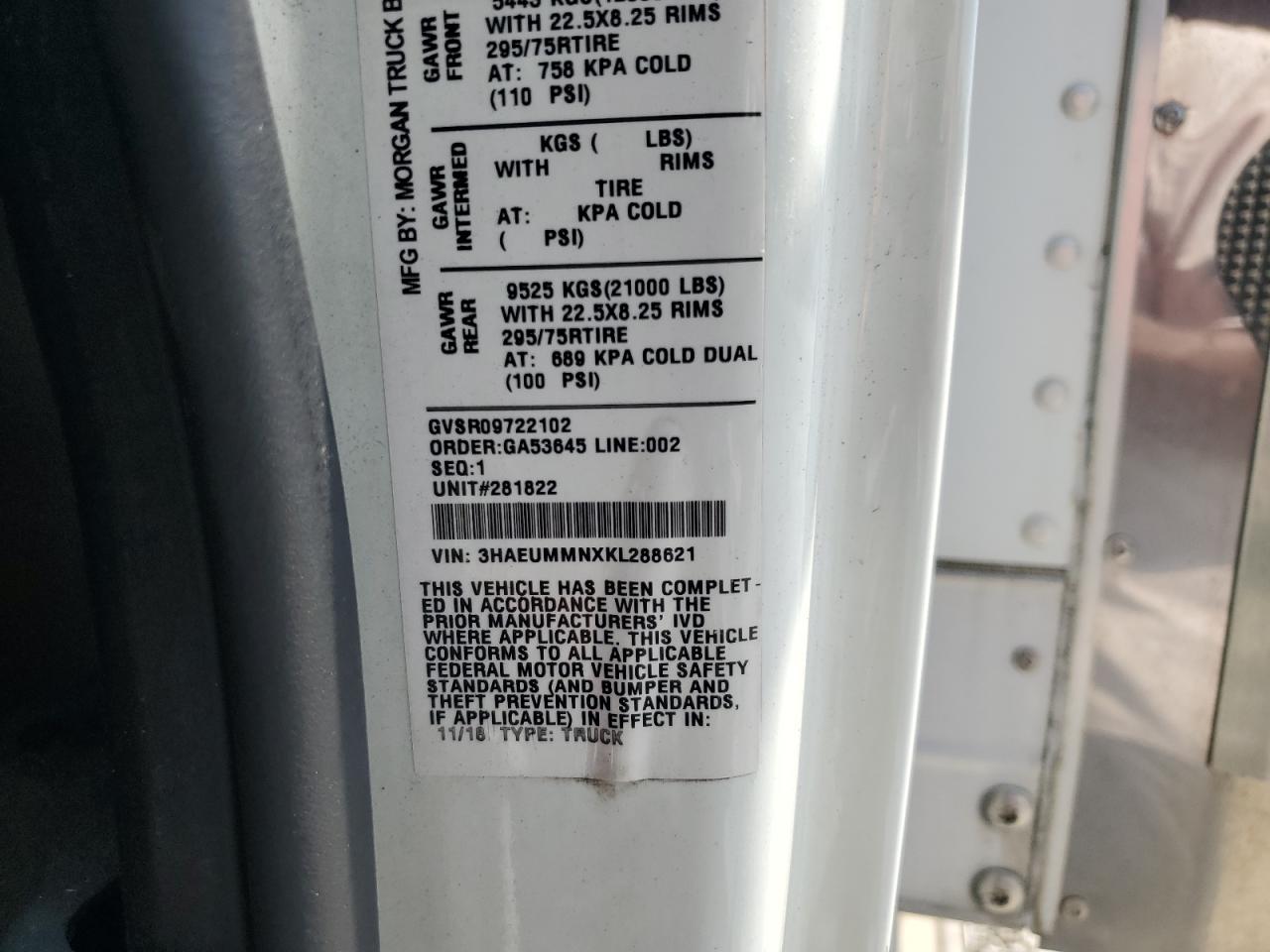 2019 International Mv607 VIN: 3HAEUMMNXKL288621 Lot: 61795805