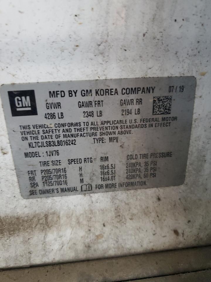 2020 Chevrolet Trax 1Lt VIN: KL7CJLSB3LB016242 Lot: 61963755