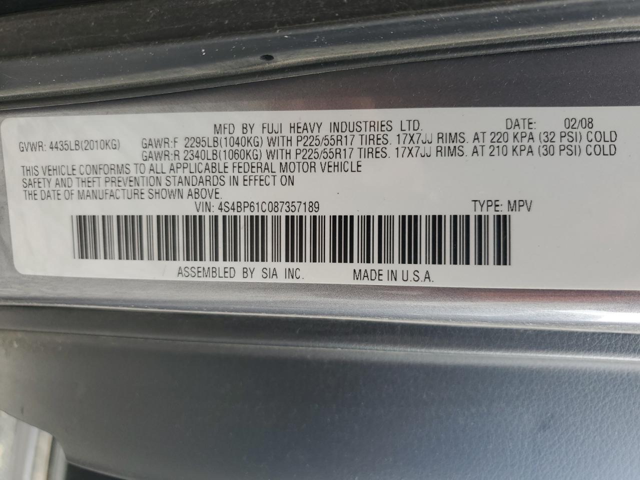 2008 Subaru Outback 2.5I VIN: 4S4BP61C087357189 Lot: 61733735