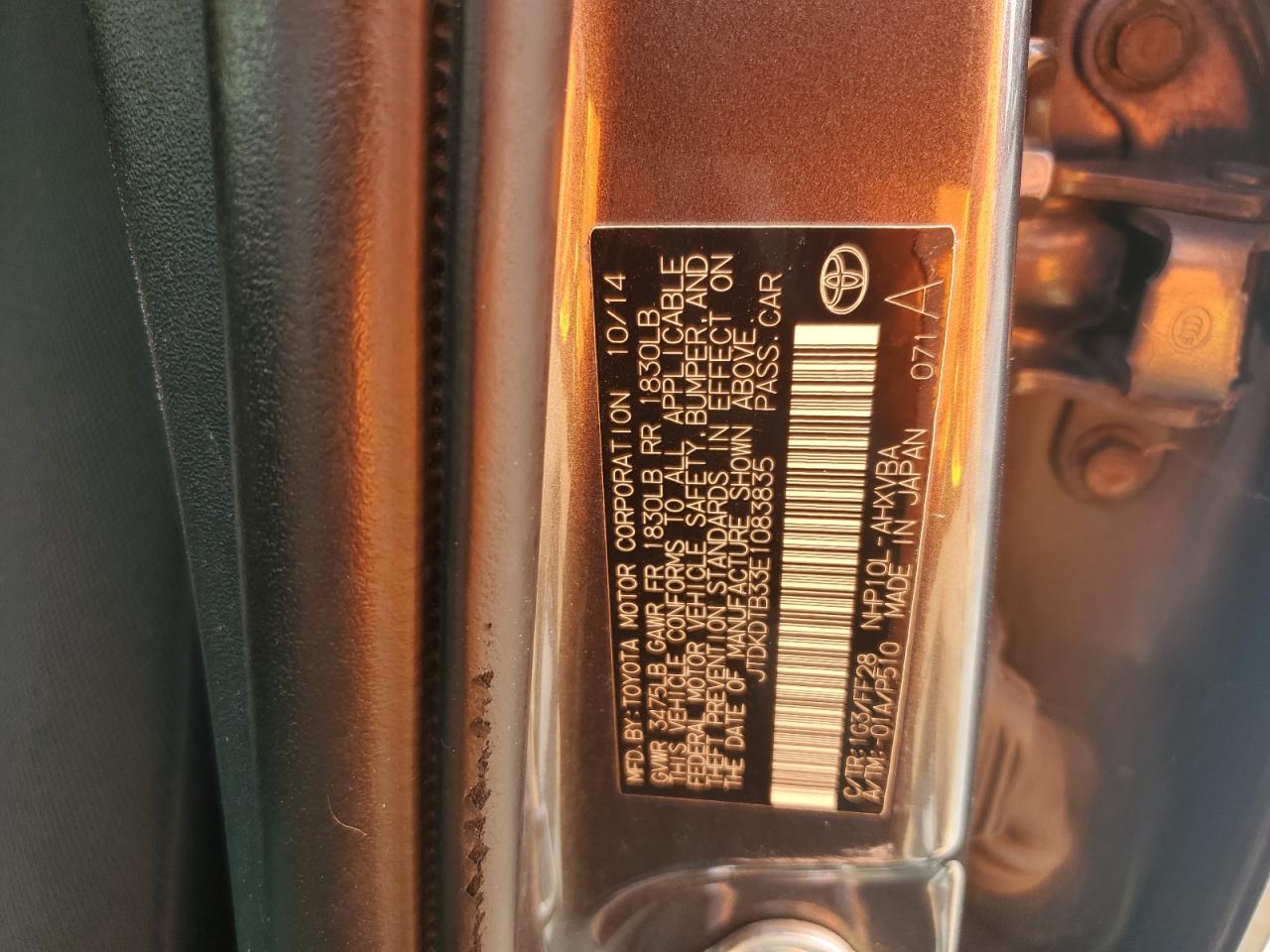 2014 Toyota Prius C VIN: JTDKDTB33E1083835 Lot: 61735835