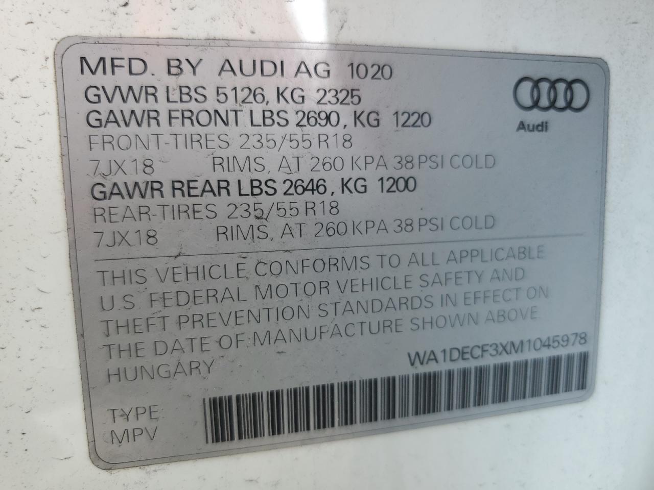 2021 Audi Q3 Premium S Line 45 VIN: WA1DECF3XM1045978 Lot: 59963385