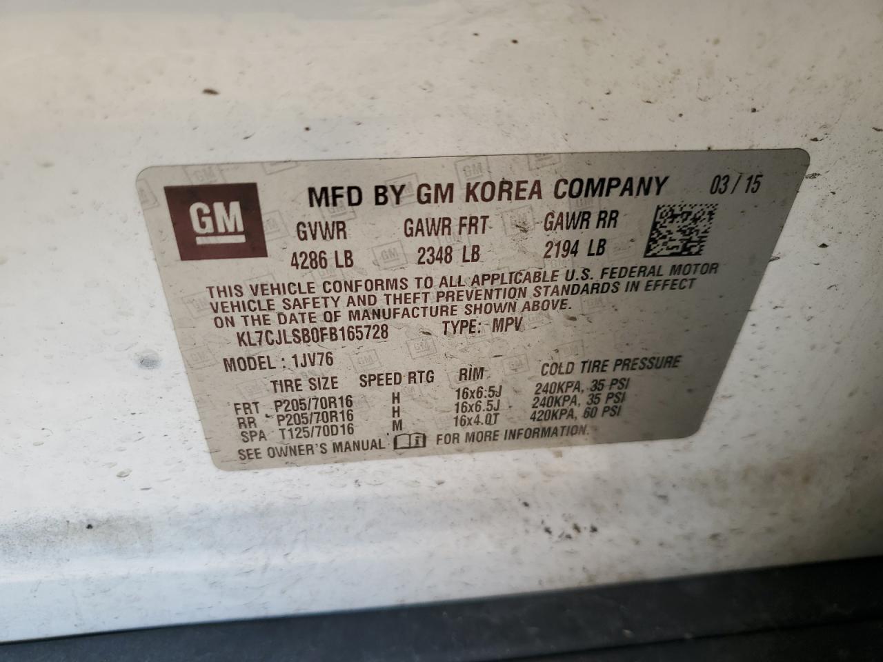 2015 Chevrolet Trax 1Lt VIN: KL7CJLSB0FB165728 Lot: 62290095