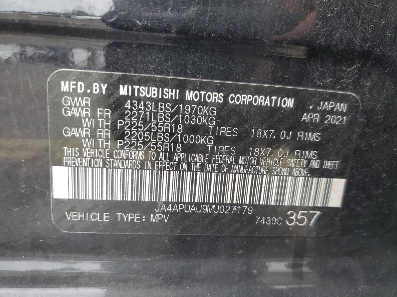 2021 Mitsubishi Outlander Sport Es VIN: JA4APUAU9MU027179 Lot: 62344655