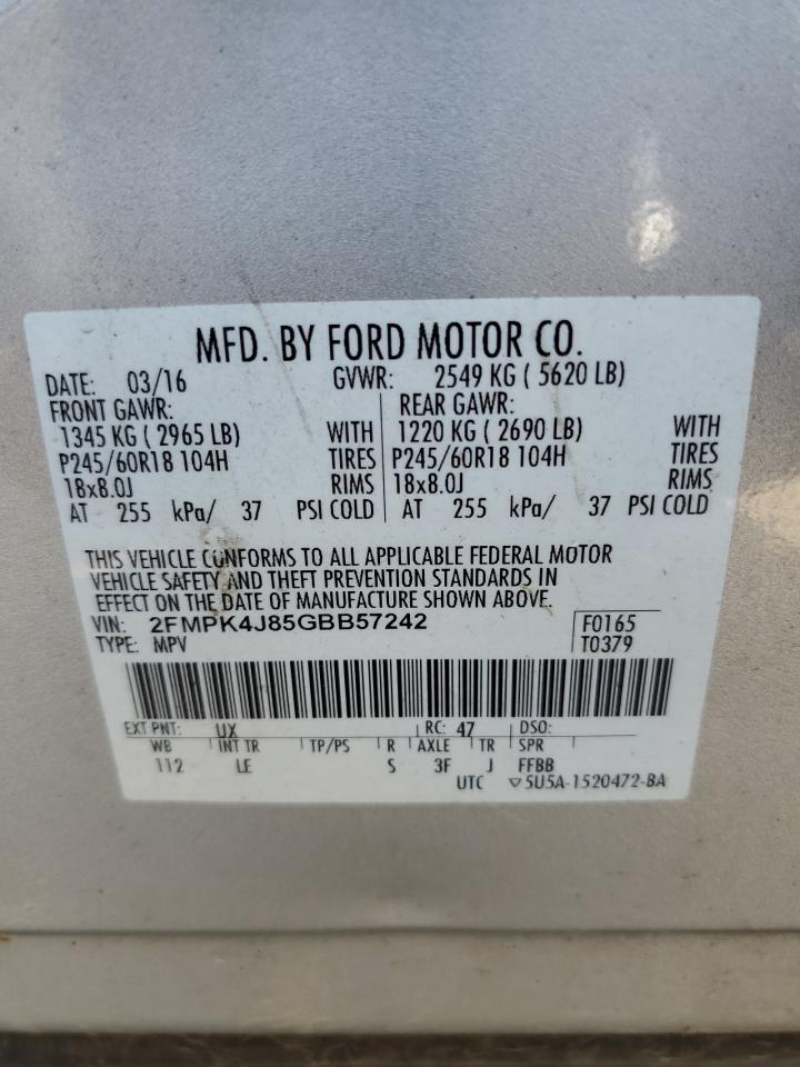2016 Ford Edge Sel VIN: 2FMPK4J85GBB57242 Lot: 62350355