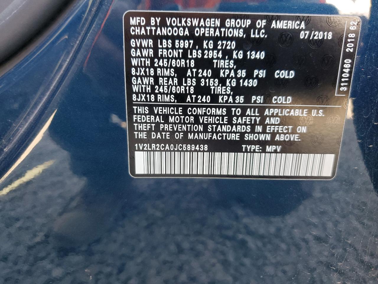 2018 Volkswagen Atlas Se VIN: 1V2LR2CA0JC589438 Lot: 59993935