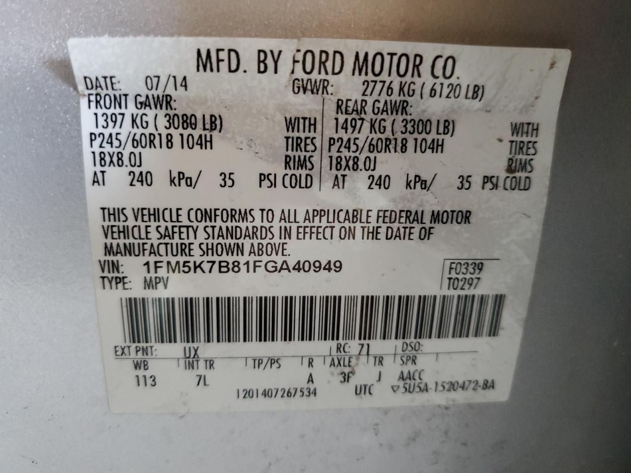 2015 Ford Explorer VIN: 1FM5K7B81FGA40949 Lot: 59993425