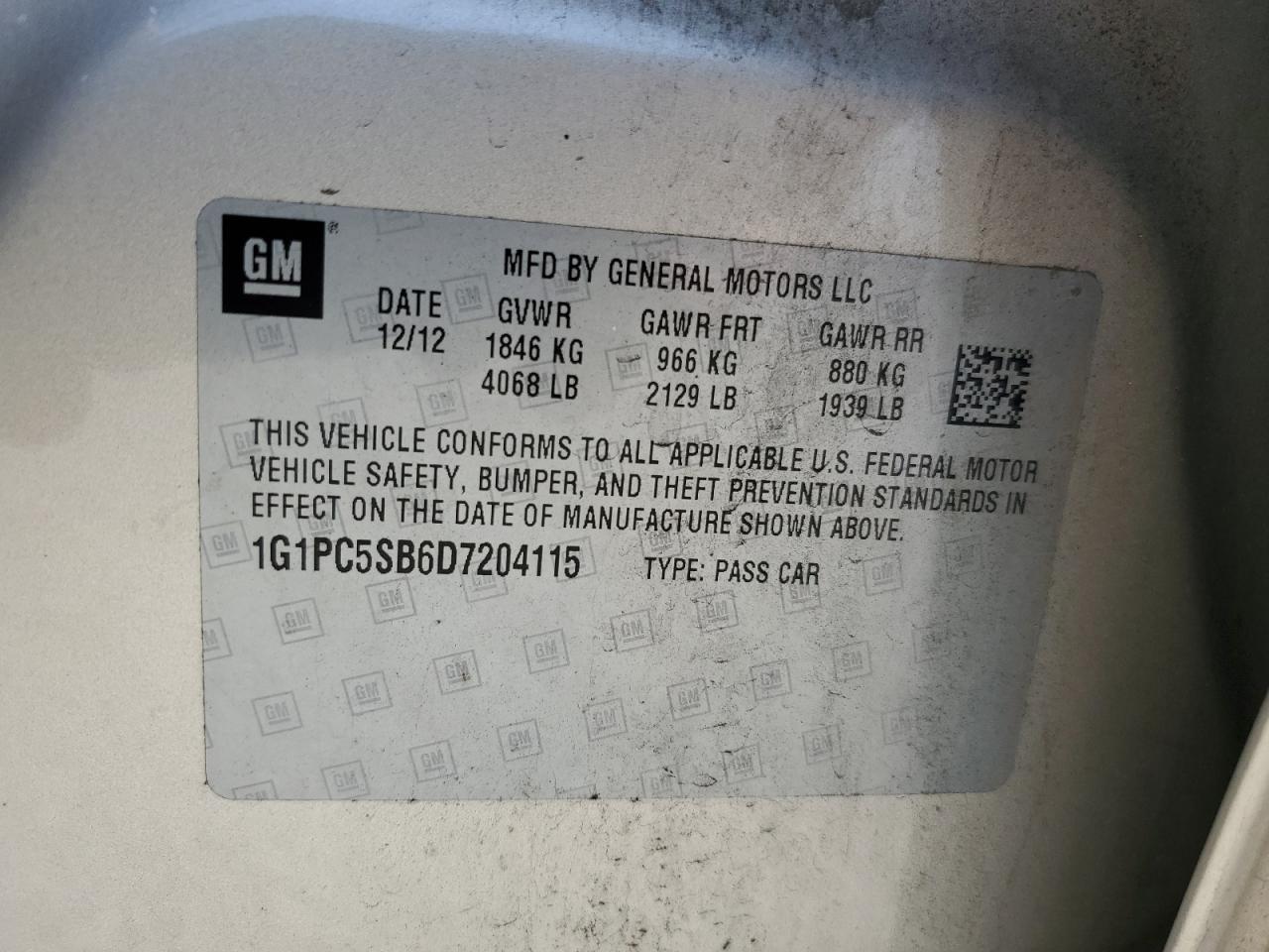 2013 Chevrolet Cruze Lt VIN: 1G1PC5SB6D7204115 Lot: 62610135