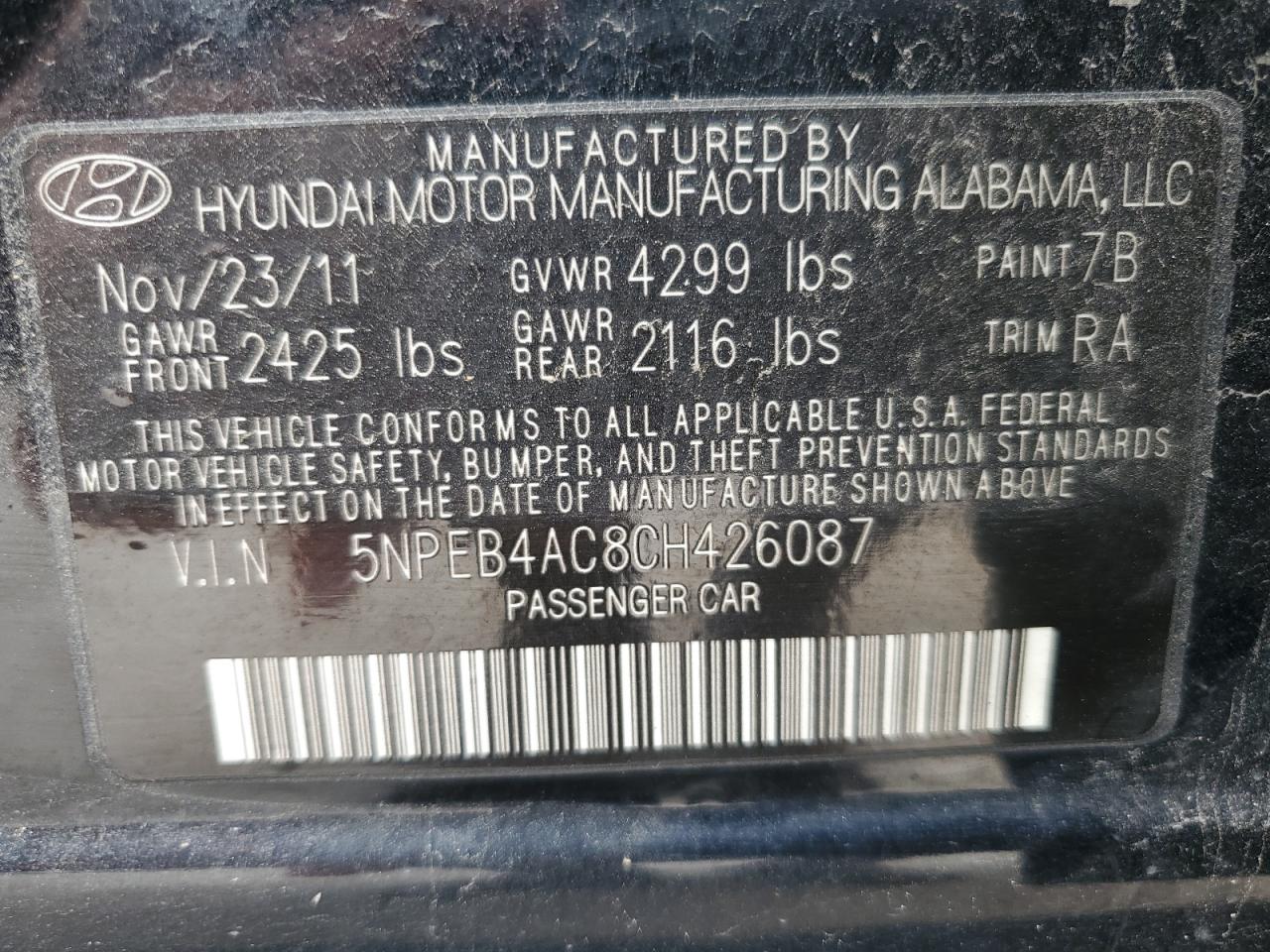 2012 Hyundai Sonata Gls VIN: 5NPEB4AC8CH426087 Lot: 62471605