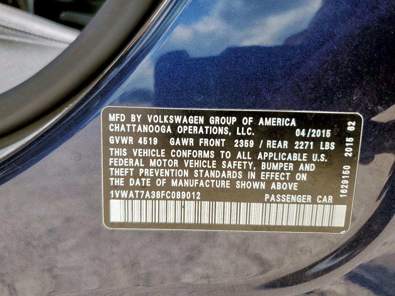 2015 Volkswagen Passat S VIN: 1VWAT7A38FC089012 Lot: 62365045