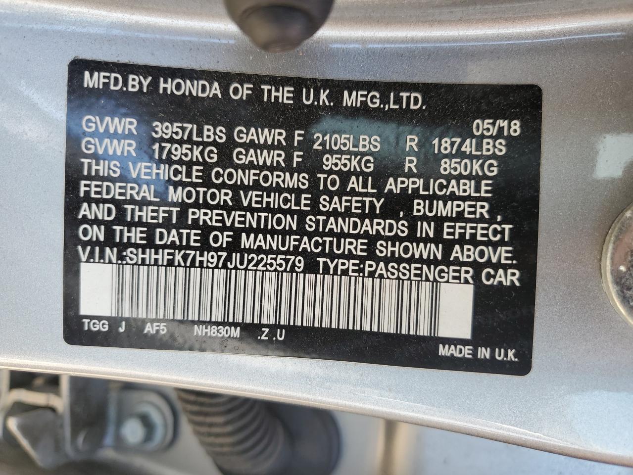 2018 Honda Civic Sport Touring VIN: SHHFK7H97JU225579 Lot: 60874955