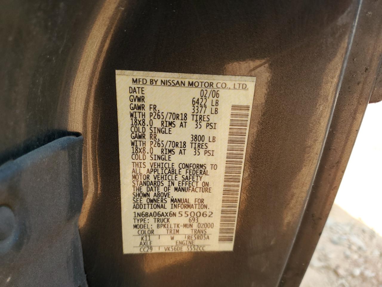 2006 Nissan Titan Xe VIN: 1N6BA06AX6N550062 Lot: 62350055