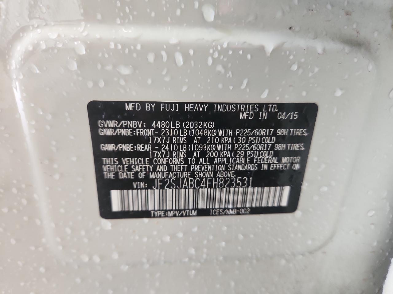 2015 Subaru Forester 2.5I VIN: JF2SJABC4FH823531 Lot: 61083875