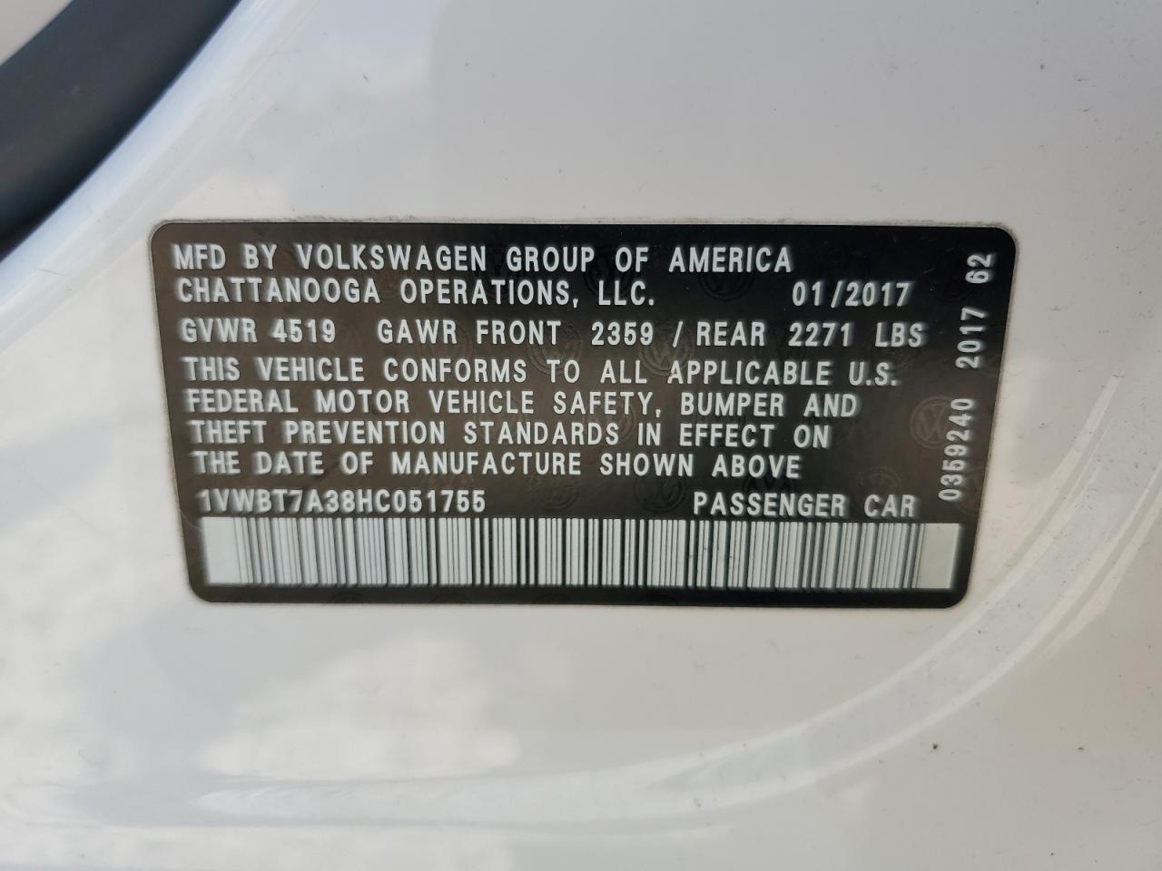 2017 Volkswagen Passat Se VIN: 1VWBT7A38HC051755 Lot: 62177025