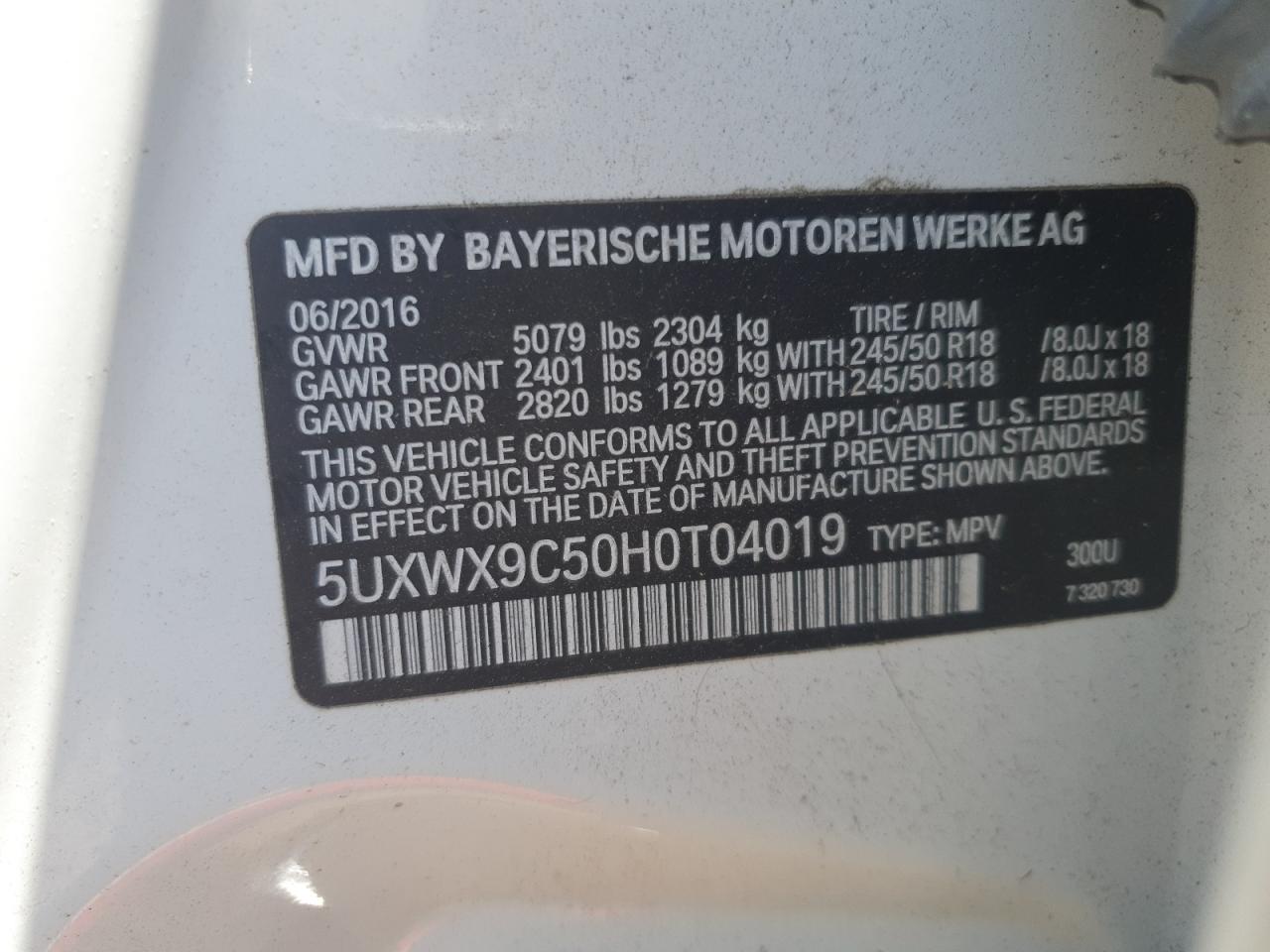2017 BMW X3 xDrive28I VIN: 5UXWX9C50H0T04019 Lot: 61038915