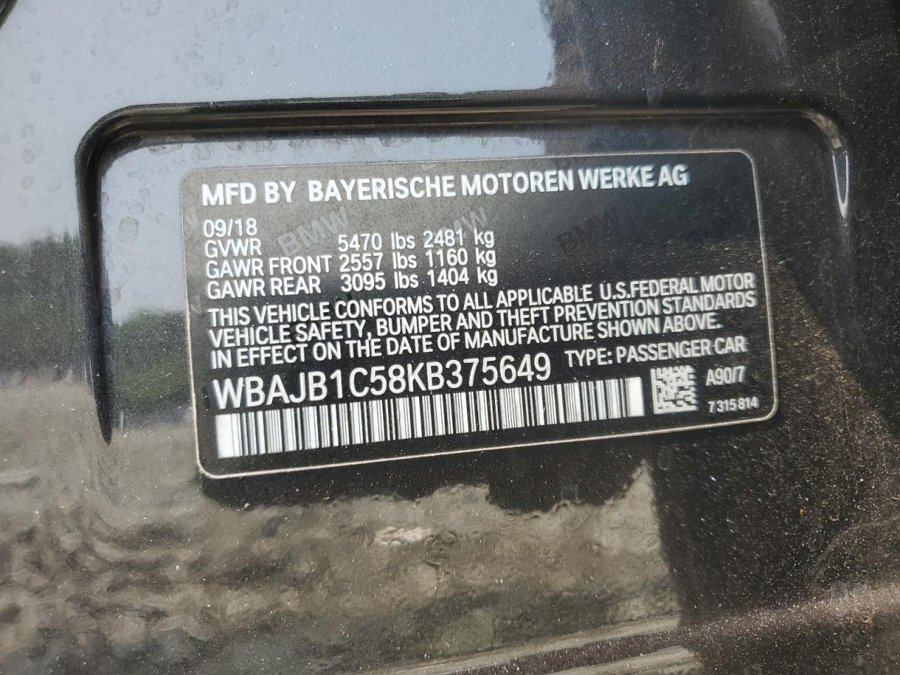 2019 BMW 530Xe VIN: WBAJB1C58KB375649 Lot: 59561305