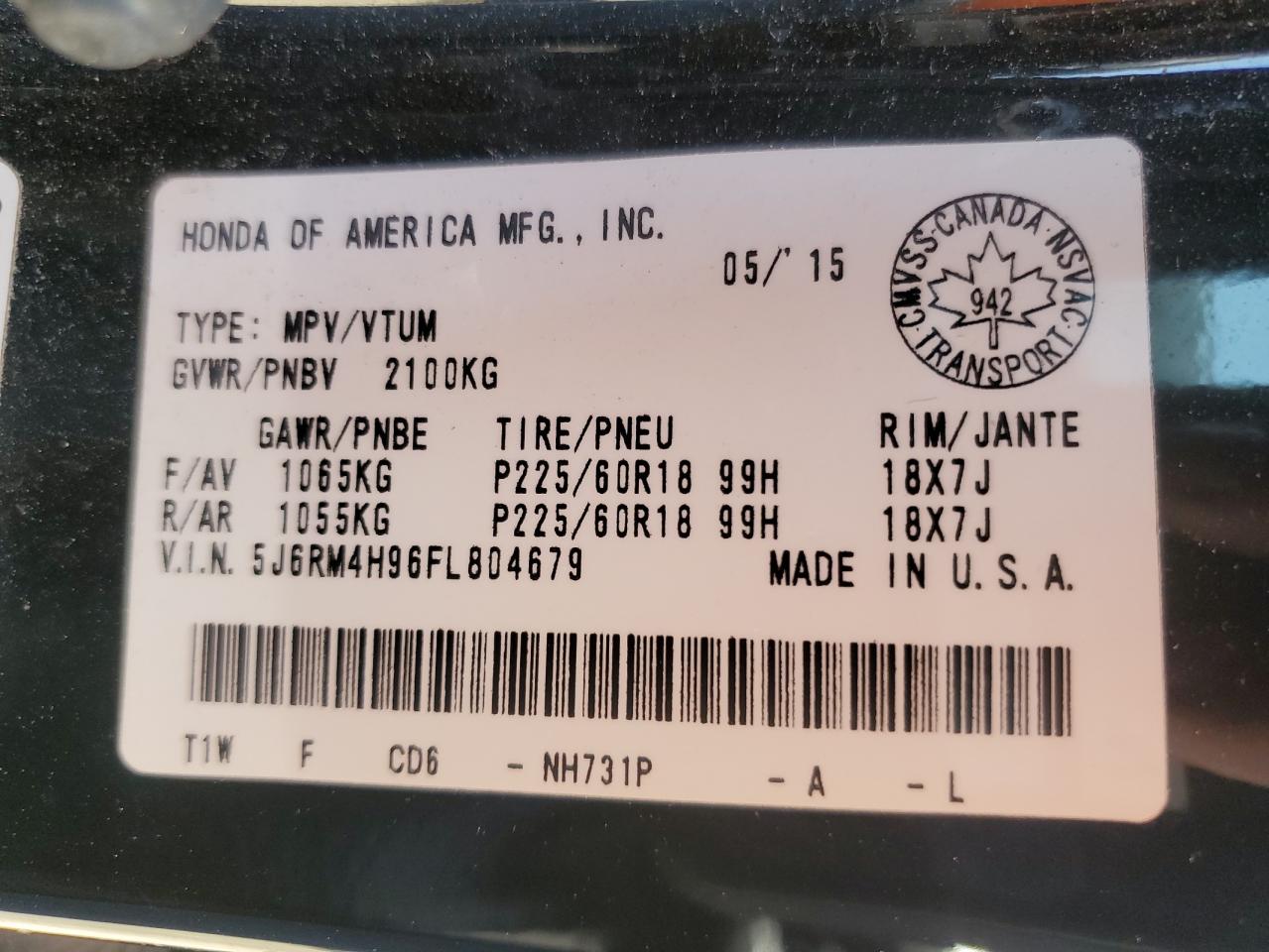 2015 Honda Cr-V Touring VIN: 5J6RM4H96FL804679 Lot: 61350215