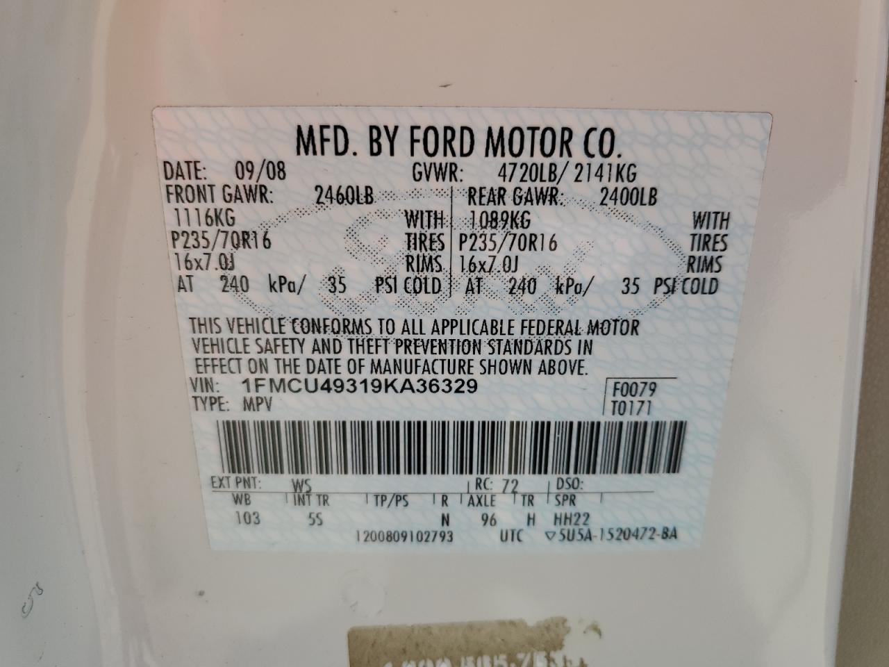 2009 Ford Escape Hybrid VIN: 1FMCU49319KA36329 Lot: 62428585