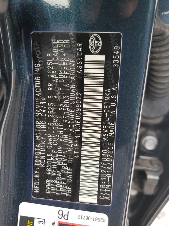 TOYOTA CAMRY 2014 VIN 4T1BF1FK9EU399072 фото 12
