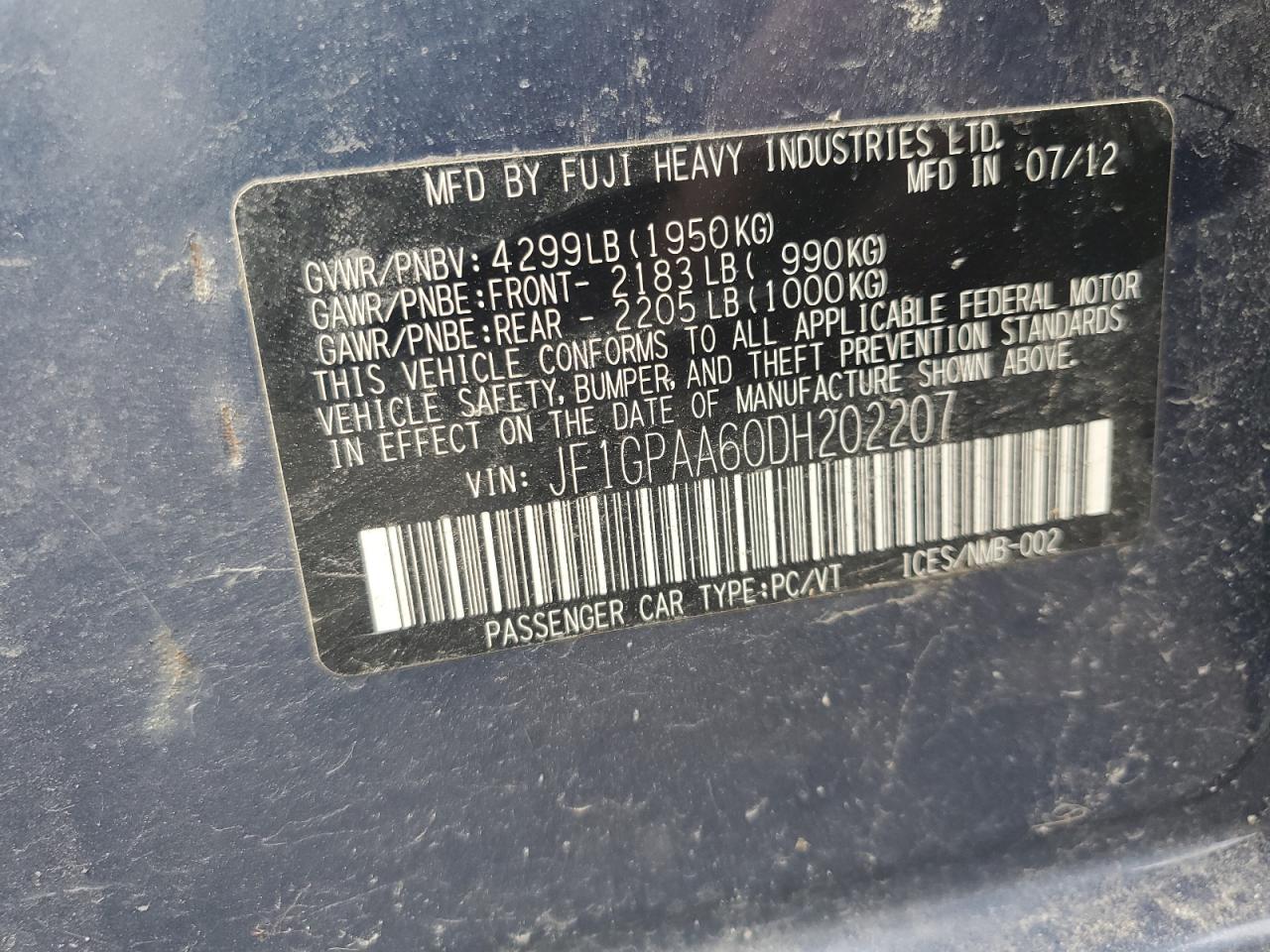 2013 Subaru Impreza Base VIN: JF1GPAA60DH202207 Lot: 62331615