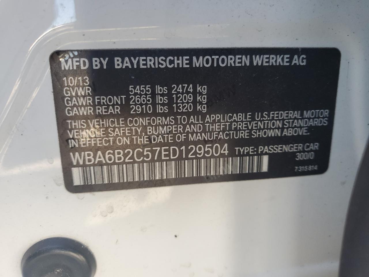 2014 BMW 650 I Gran Coupe VIN: WBA6B2C57ED129504 Lot: 61906075