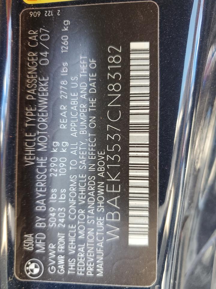 2007 BMW 650 I VIN: WBAEK13537CN83182 Lot: 62213875