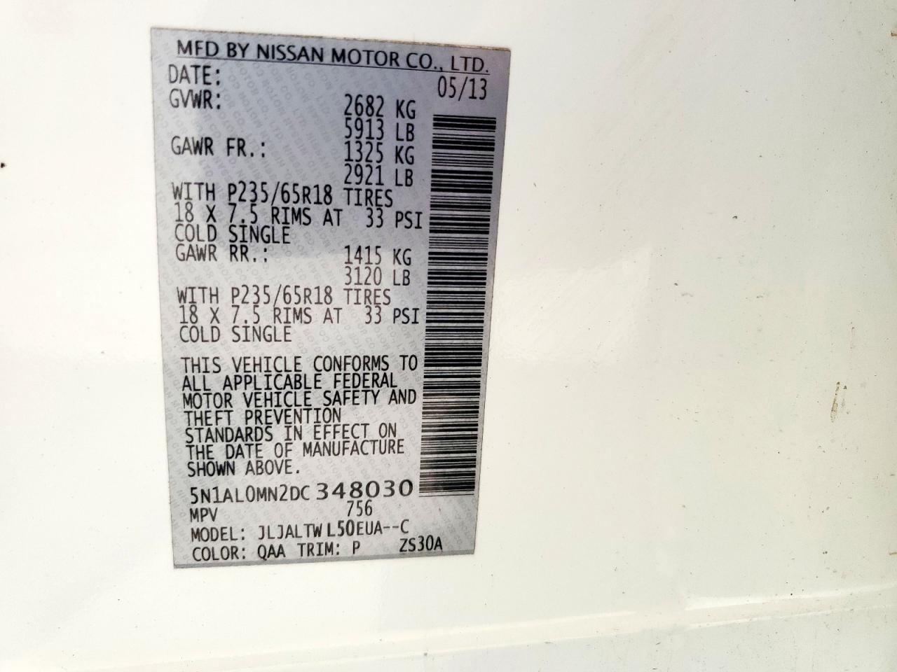 2013 Infiniti Jx35 VIN: 5N1AL0MN2DC348030 Lot: 60838095