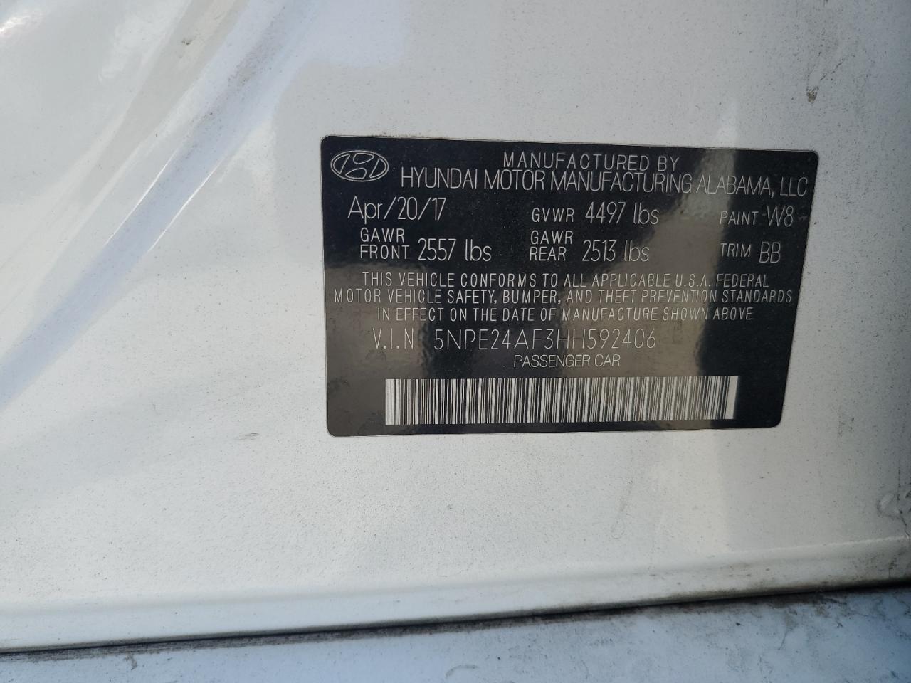 2017 Hyundai Sonata Se VIN: 5NPE24AF3HH592406 Lot: 62721765