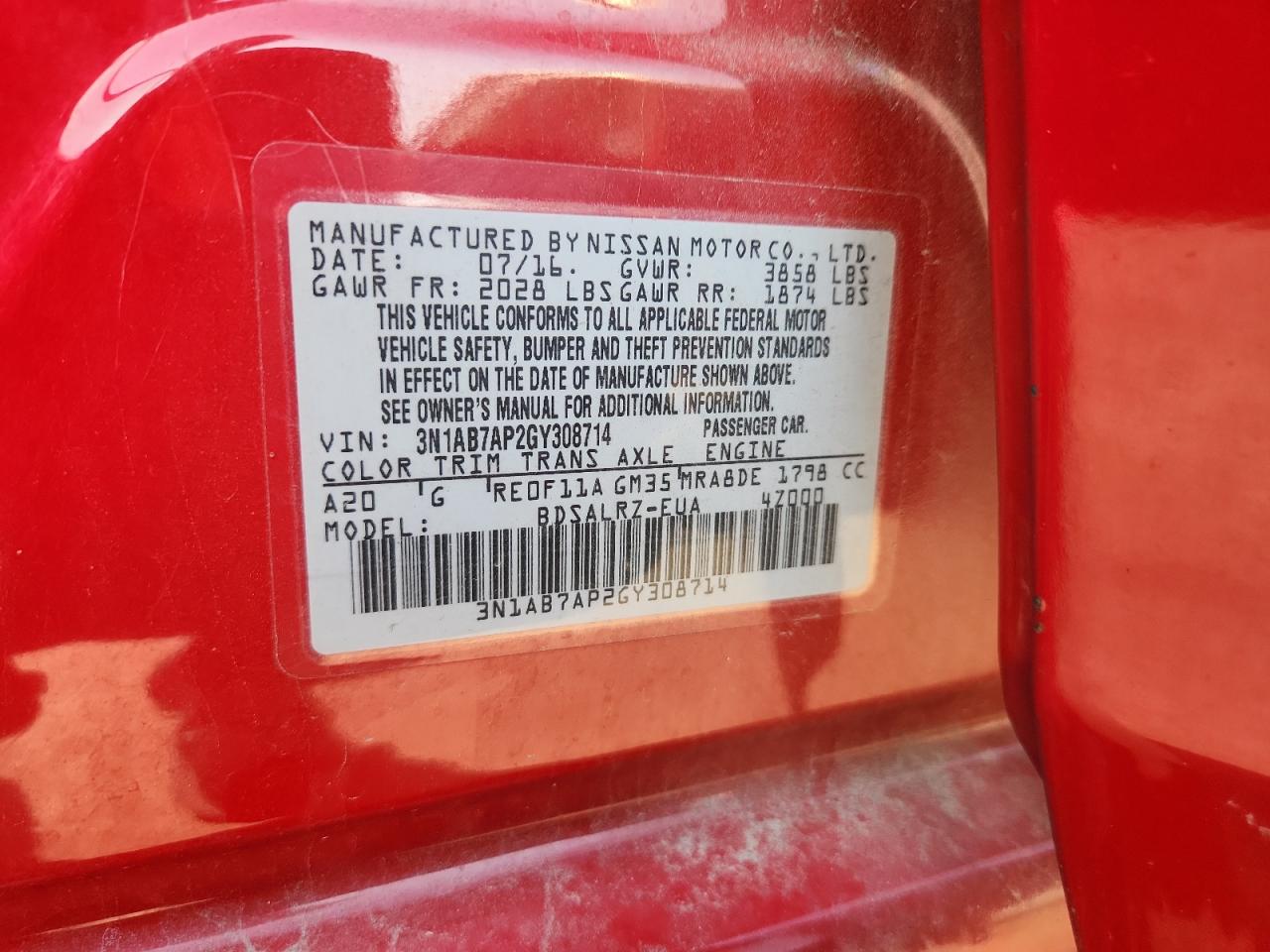 2016 Nissan Sentra S VIN: 3N1AB7AP2GY308714 Lot: 62543765