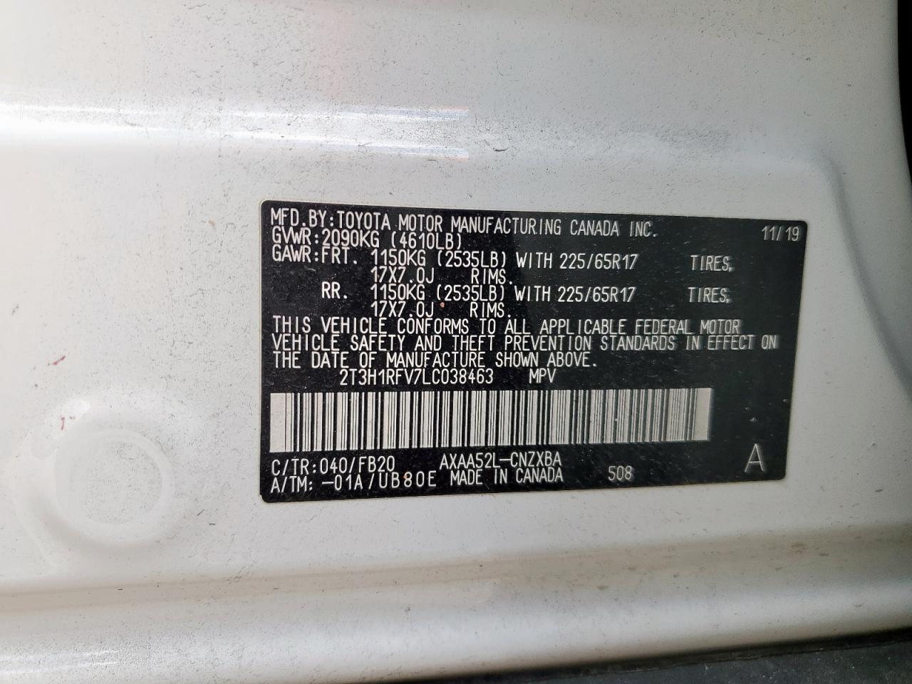 2020 Toyota Rav4 Le VIN: 2T3H1RFV7LC038463 Lot: 62685035
