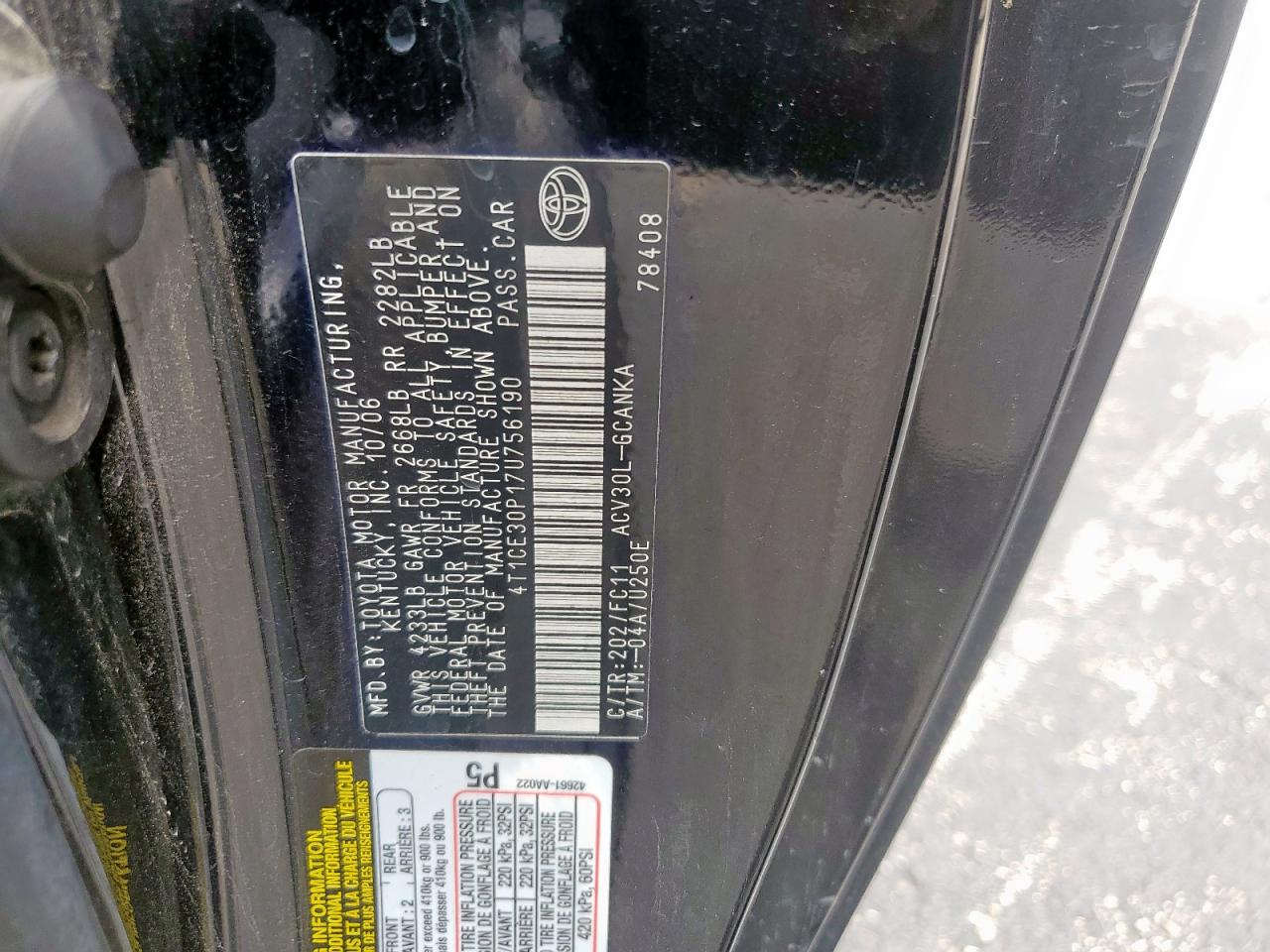 2007 Toyota Camry Solara Se VIN: 4T1CE30P17U756190 Lot: 62686325