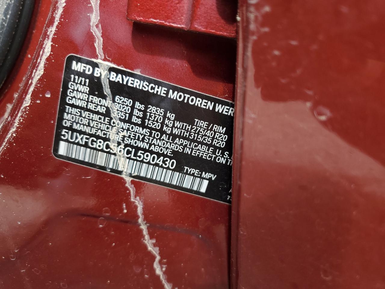 2012 BMW X6 xDrive50I VIN: 5UXFG8C56CL590430 Lot: 62267765