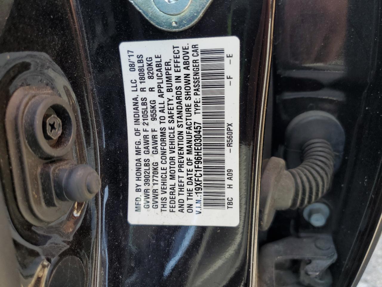 2017 Honda Civic Touring VIN: 19XFC1F96HE030457 Lot: 60144055