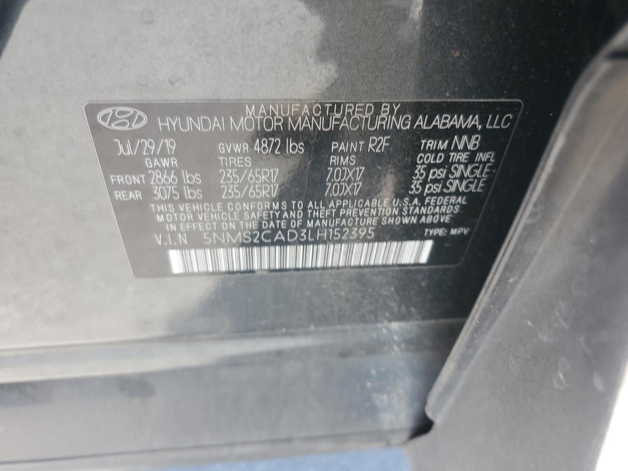 2020 Hyundai Santa Fe Se VIN: 5NMS2CAD3LH152395 Lot: 62326445