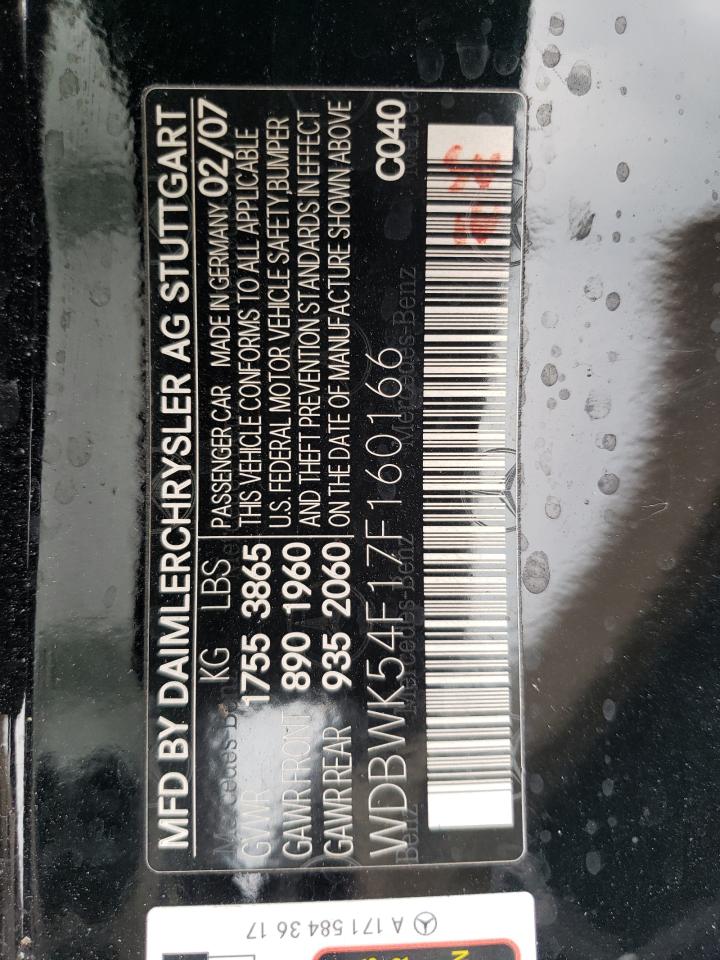 2007 Mercedes-Benz Slk 280 VIN: WDBWK54F17F160166 Lot: 60133435