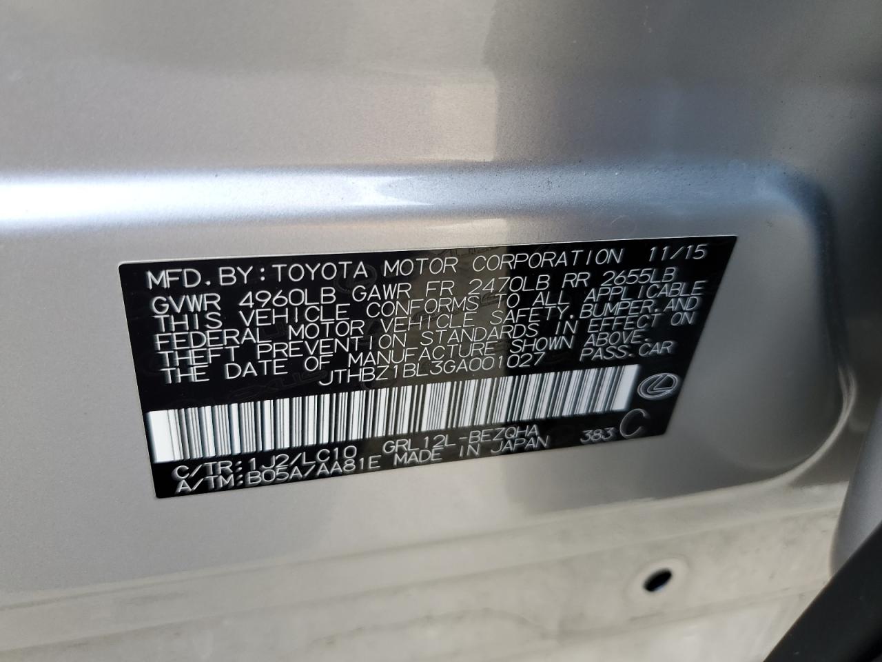 2016 Lexus Gs 350 Base VIN: JTHBZ1BL3GA001027 Lot: 62180635