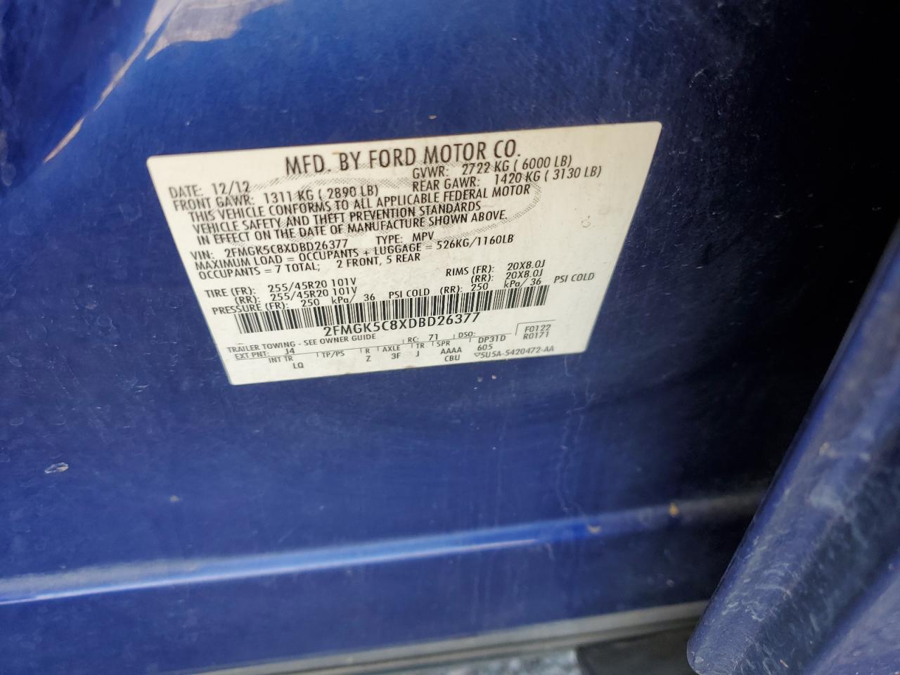 2013 Ford Flex Sel VIN: 2FMGK5C8XDBD26377 Lot: 61453825