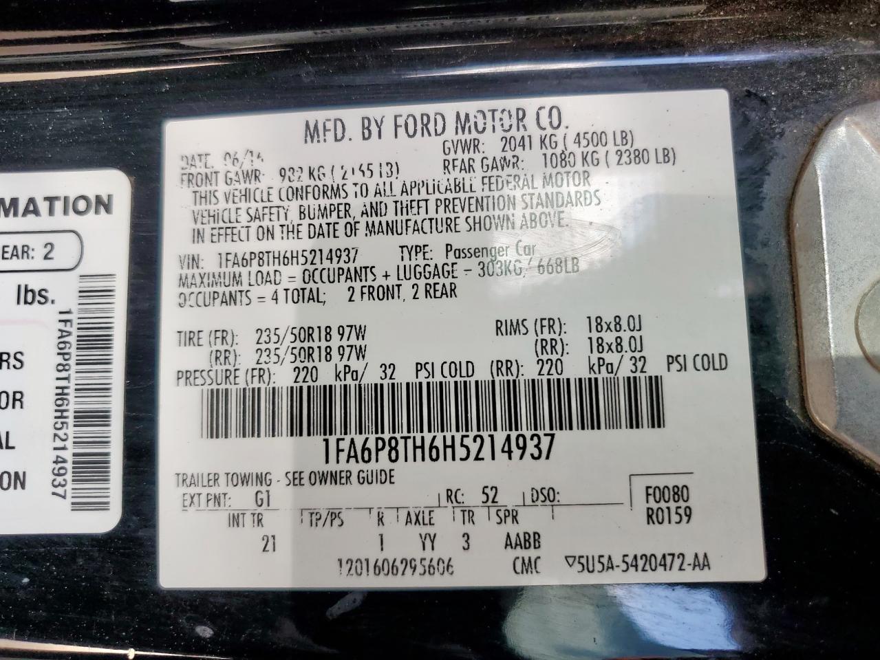 2017 Ford Mustang VIN: 1FA6P8TH6H5214937 Lot: 59039675