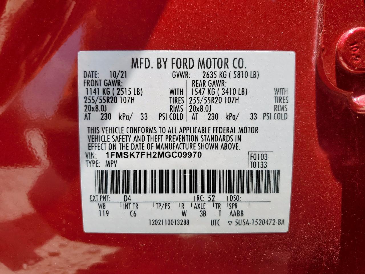 2021 Ford Explorer Limited VIN: 1FMSK7FH2MGC09970 Lot: 61723765