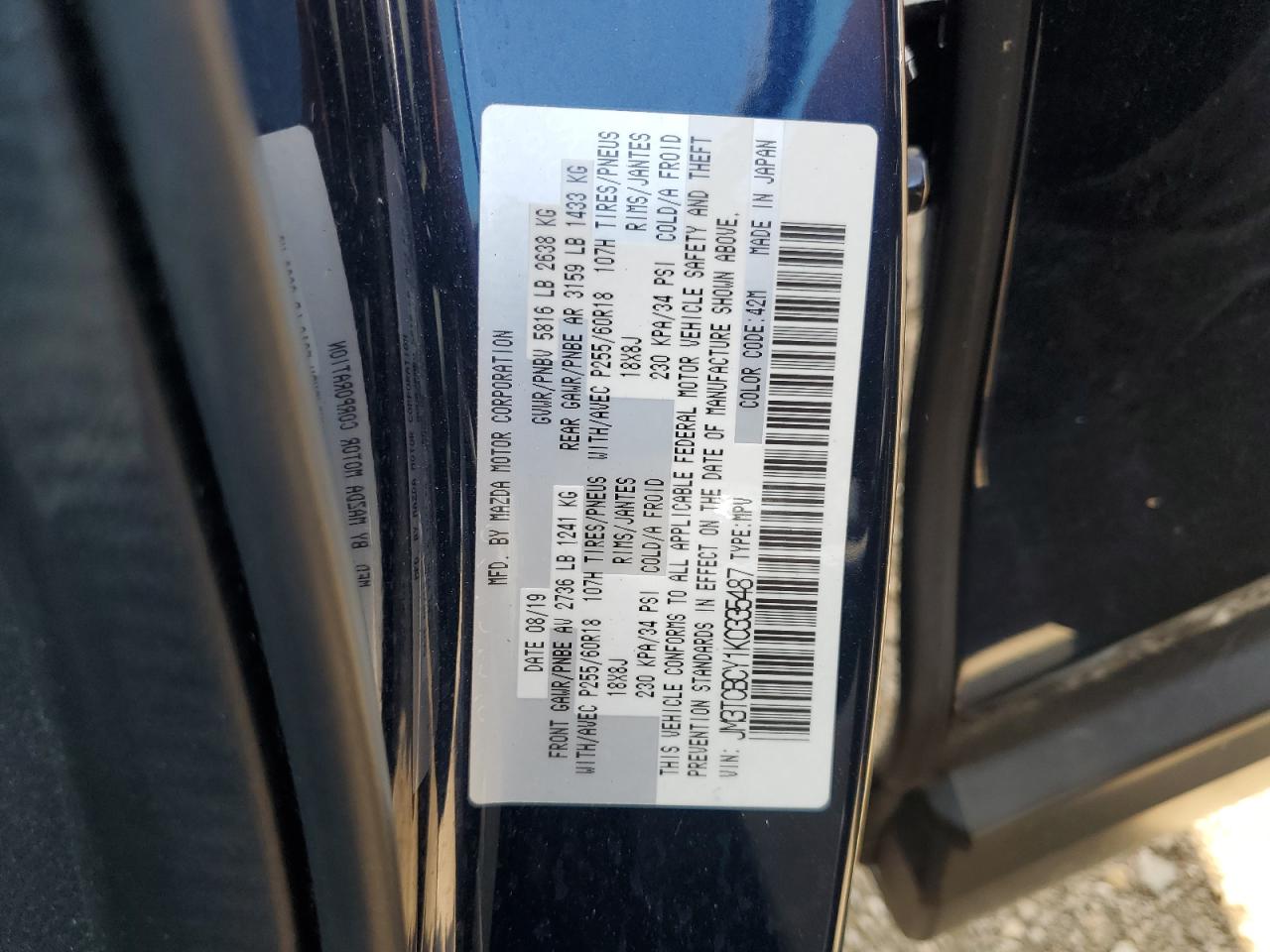 2019 Mazda Cx-9 Touring VIN: JM3TCBCY1K0335487 Lot: 61963305
