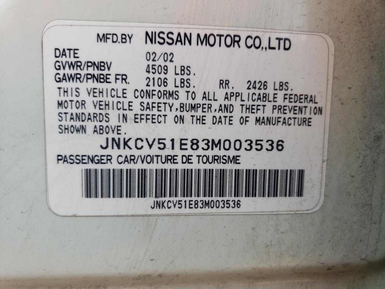 2003 Infiniti G35 VIN: JNKCV51E83M003536 Lot: 60362235
