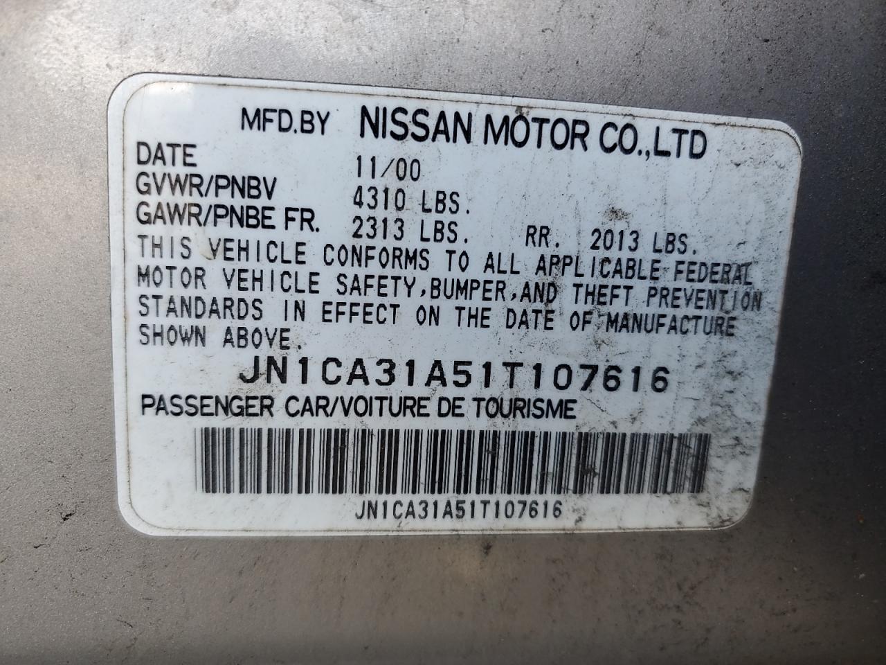 2001 Nissan Maxima Gxe VIN: JN1CA31A51T107616 Lot: 61998245