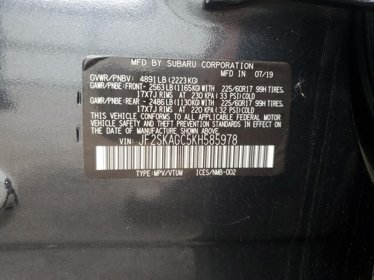 2019 Subaru Forester Premium VIN: JF2SKAGC5KH585978 Lot: 62515105