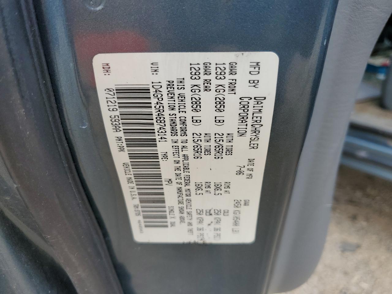 2006 Dodge Caravan Sxt VIN: 1D4GP45R46B743141 Lot: 61961705