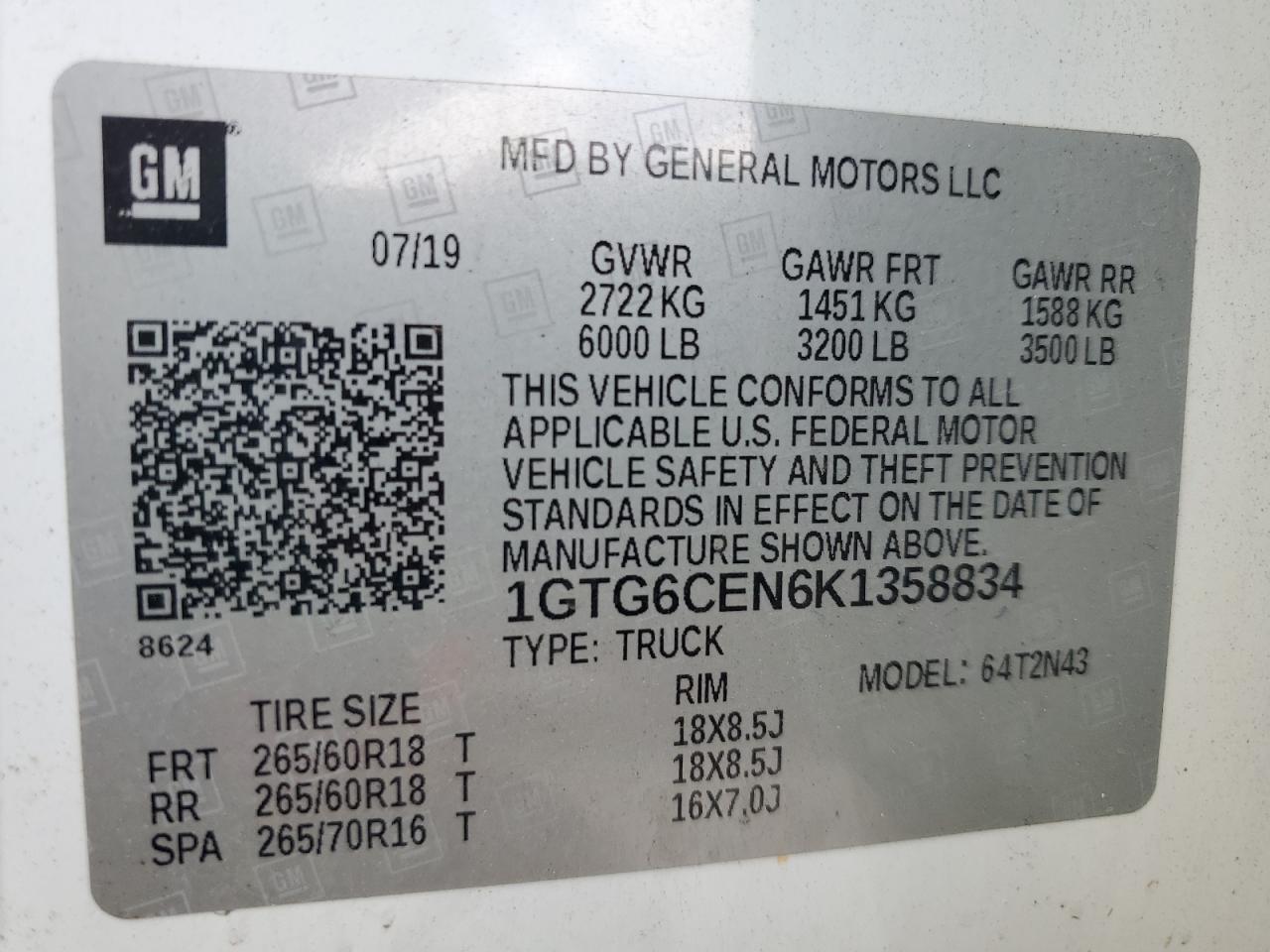 2019 GMC Canyon Sle VIN: 1GTG6CEN6K1358834 Lot: 62816375